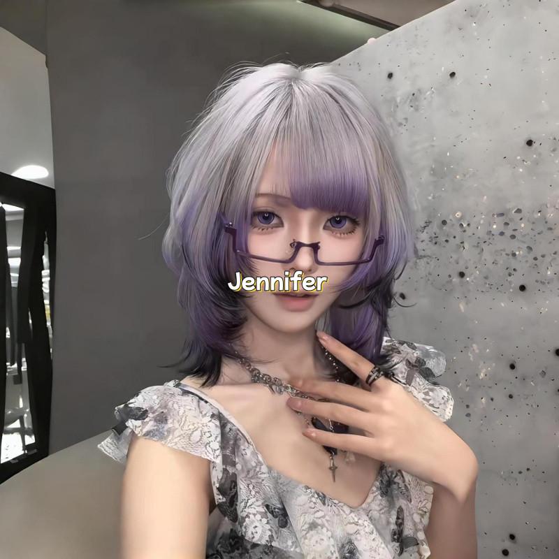 Product Introduction of hair wig for woman full head cosplay bangs wig set summer gradient purple black in long hair burst top dyeing natural niche simulation Heat Resistant Synthetic Hair 4