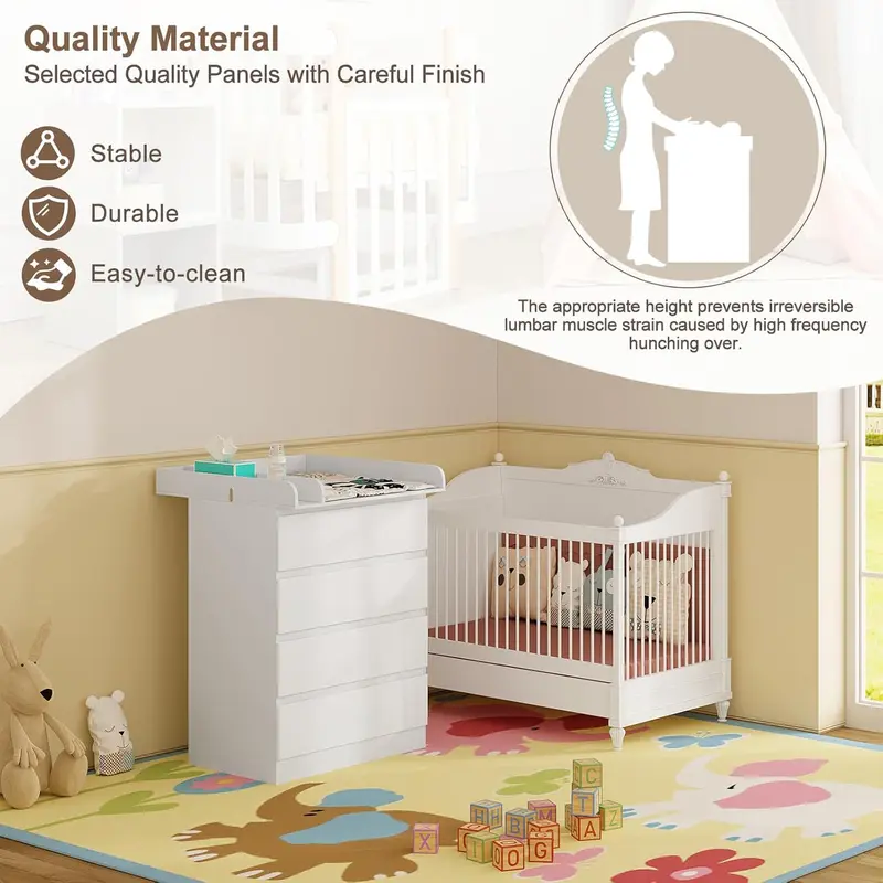 Baby Changing Unit with 4 Drawers, Changing Table Cabinet Baby Changing Station, Infant Diaper Table Changer, Chest of Drawers Dresser for Bedroom Nursery 1