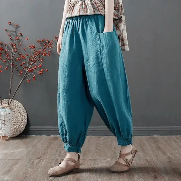 100% Cotton and Linen Bloomers Women's Summer New Cropped Pants Artistic Casual Loose Tappered All-Matching Harem Pants