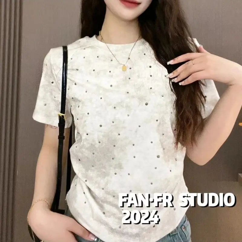 Áo Thun Ngắn Tay Tie-Dye đính đá Bán Chạy, Dành Cho Nữ, Thiết Kế Bó Sát Và Thời Trang, Phong Cách Thường Ngày Dễ Phối Đồ Cổ Tròn, Hàng Mới Về Mùa Hè 2024 Top Women
