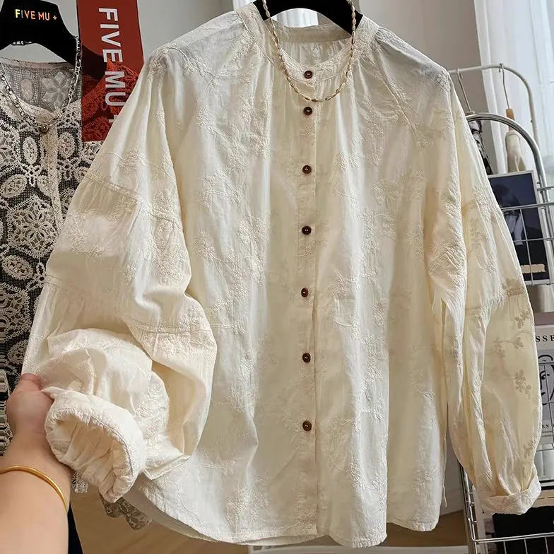 Áo Sơ Mi Phong Cách Trung Quốc Mới, Phong Cách Quốc Gia, Chất Liệu Cotton Nguyên Chất, Thêu Phong Cách Trung Quốc, Cổ Tròn, Thêu Ren Thủ Công Tinh Tế, Thích Hợp Cho Mùa Xuân Và Mùa Thu, Áo Sơ Mi Dài Tay, Áo Sơ Mi Mỏng, Có Thể Đeo Phong Cách Quốc Gia