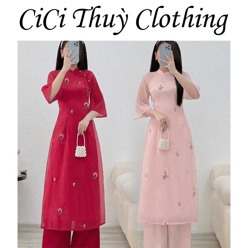 (Sẵn Hàng) Áo dài cách tân Thanh Nhàn, tơ thêu hoa mặc Tết 2024 phù hợp đi chơi dự tiệc du xuân - Thời trang Nữ Dress Women Đỏ