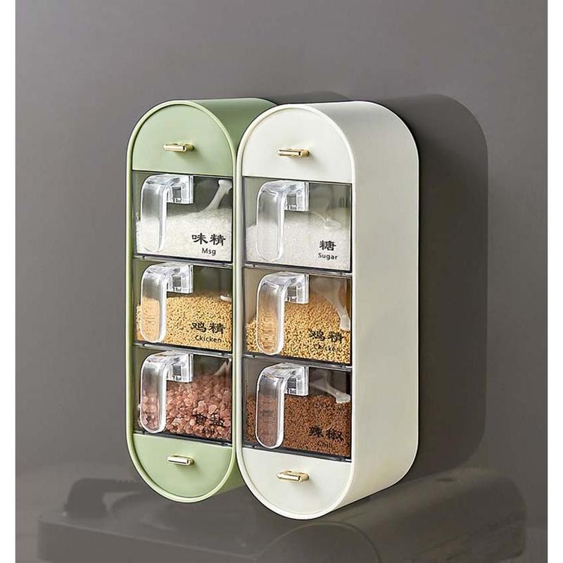 Creative and Convenient Kitchen Sugar and Salt Shaker Seasoning Container Box Household Wall-mounted Perforation-free Combination Shelf Storage Rack Spice Utensils Seasoning Box 4