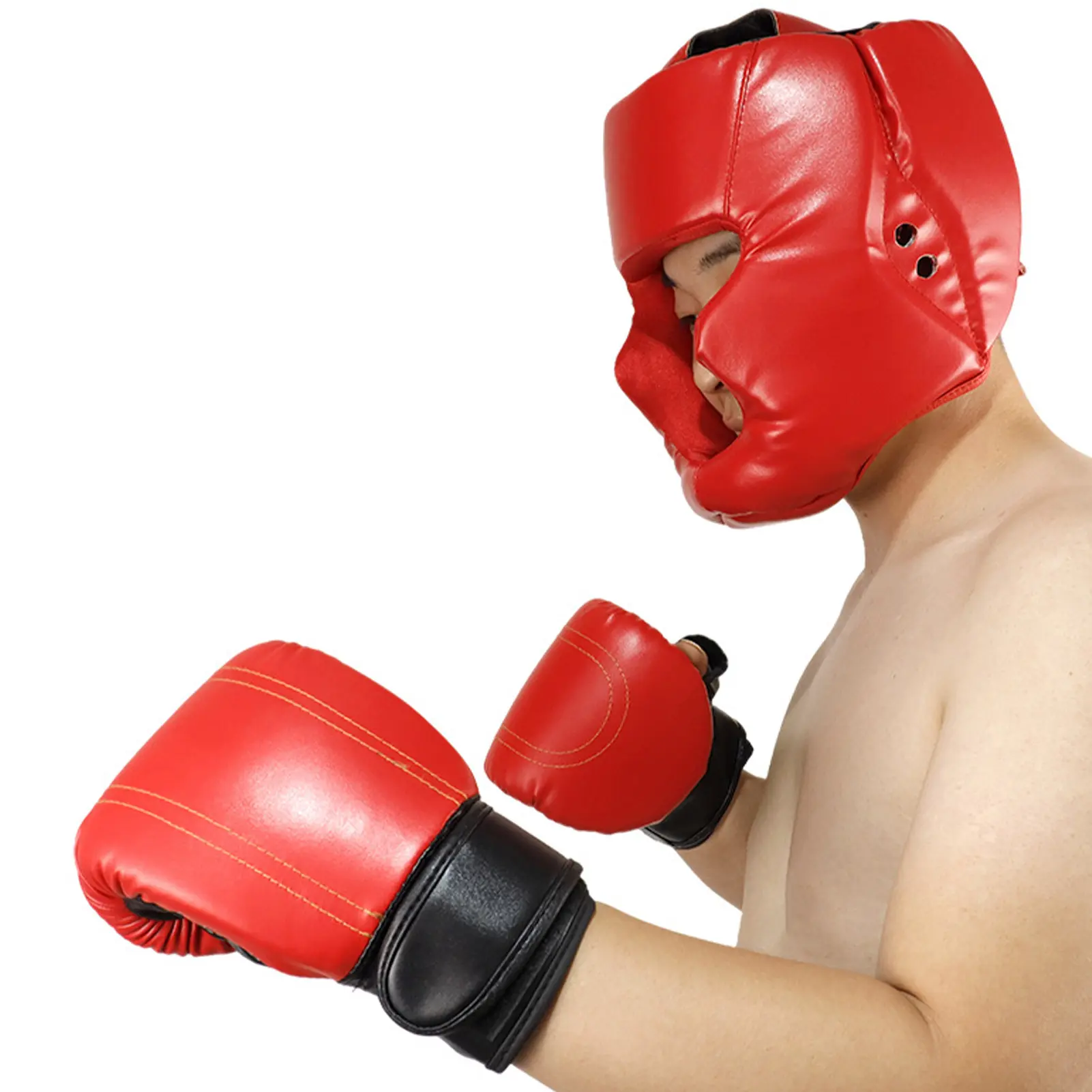 PU Leather Thickened Boxing Helmet Full-Covered Punching Helmet Outdoor Sports Head Protection 2 Sizes Karate Muay Thai Headgear