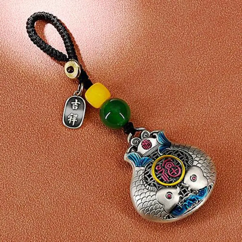 Taily Pure Silver 999 Enamel Colorful Retro Pendant Pisces Koi Fish Fortune Character Keychain Wealth Pendant