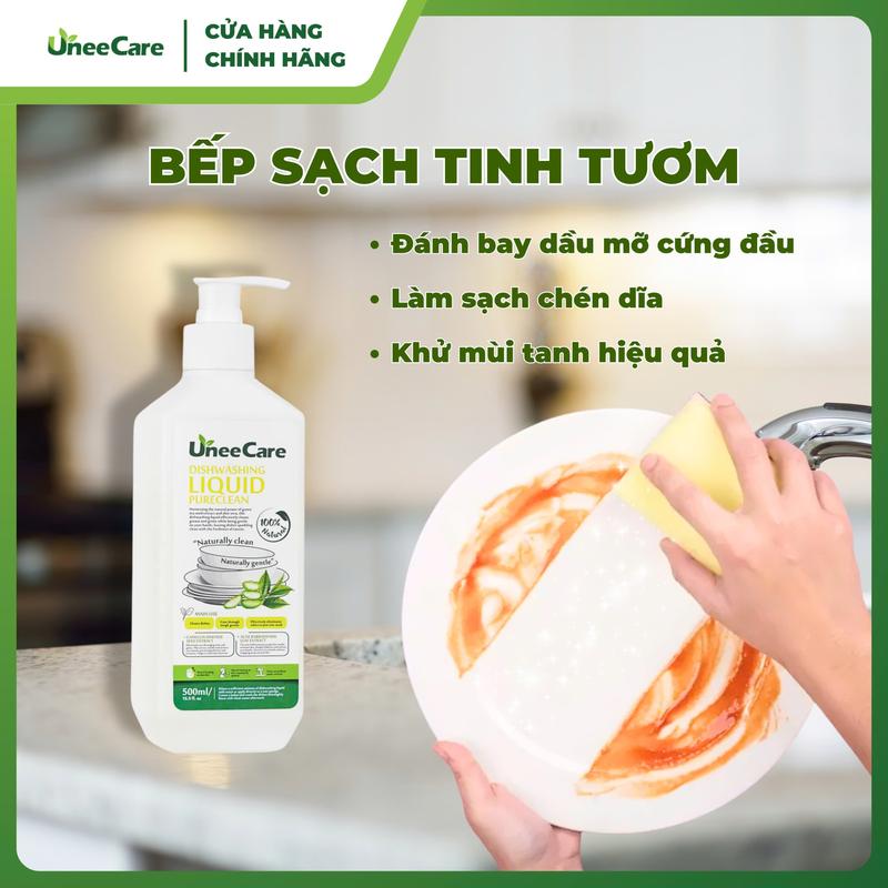 Nước rửa chén bát gốc thực vật UneeCare - Làm sạch dầu mỡ dù chỉ 1 giọt nhỏ. Hương Trà Xanh và Lô Hội. An toàn cho da nhạy cảm. 3