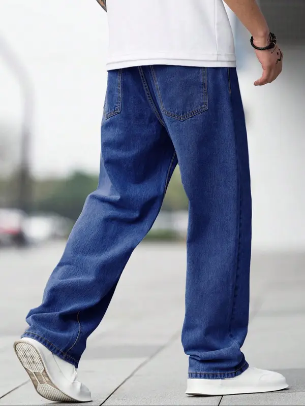 Men's Solid Color Wide Leg Jeans, Loose Casual Comfy Denim Trousers for Daily Wear, Fashion Men's Bottoms for All Seasons, Cotton, Casual Pants 5