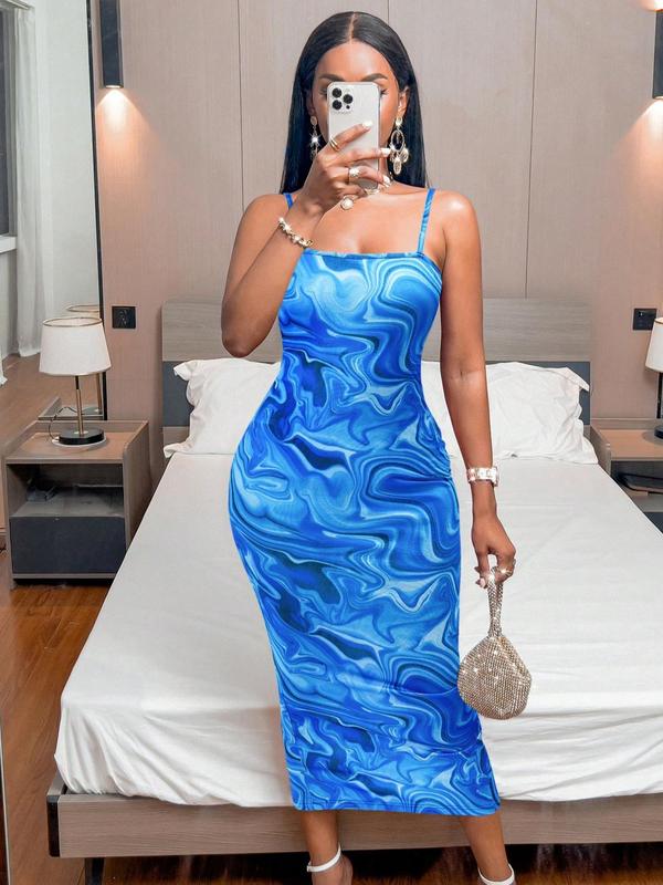 Women's Marble Print Split Thigh Cami Dress, Summer Clothes Women, Elegant Adjustable Strap Bodycon Midi Dress for Party Club, Dress for Women Valentine's Day, gift 4