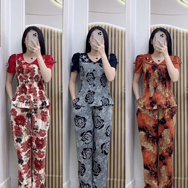 [Quần dài] Set bộ dập ly cổ bâu bản mới phối màu đính bông chất mango nhẹ mát Nhung Áo Sen Top