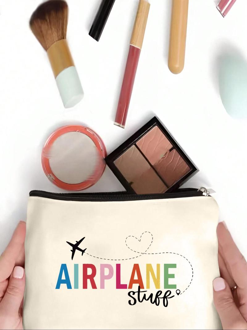 Product Introduction of Airplane Mode Letter Pattern Makeup Bag, Portable Cosmetic Storage Bag, Versatile Makeup Organizer Pouch for Travel, School, Office 3