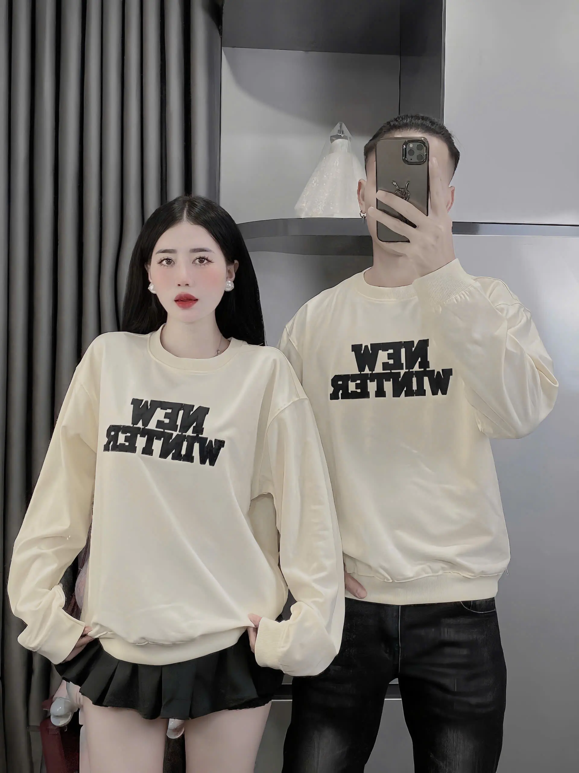 HK Áo thu đông nam nữ dài tay phối chữ cách điệu cổ tròn trẻ trung Menswear Nhung Tre flannel
