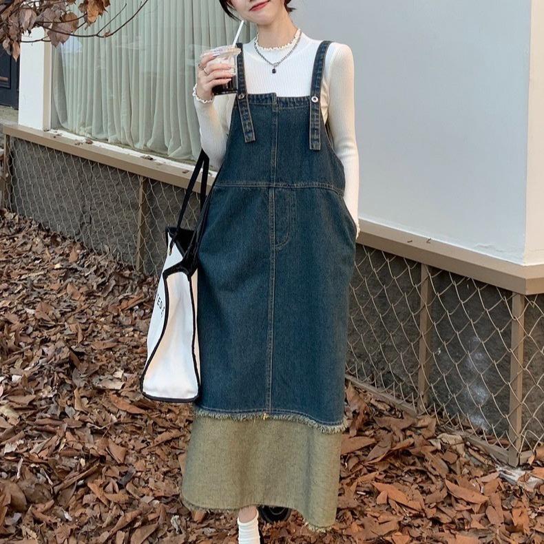 Váy yếm jean dài dáng rộng váy yếm jean nữ kiểu dáng thanh lịch phong cách_y11