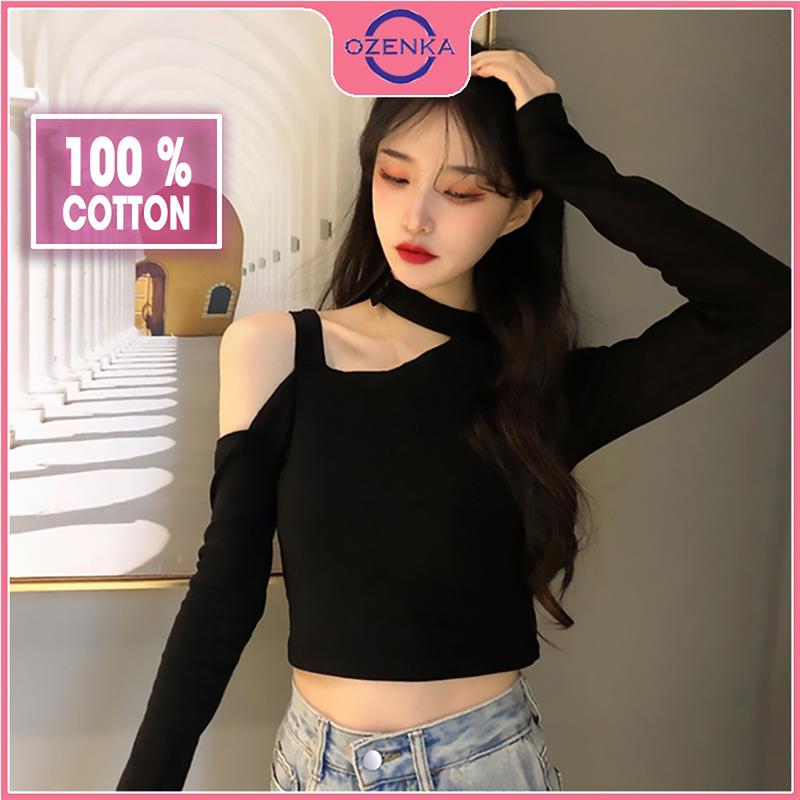Áo croptop trễ vai tay dài ôm nữ OZENKA, crt đẹp sang chảnh thời trang màu đen thun gân 100% cotton dưới 55kg Trơn Shirt Sơ Mi Cổ Tròn Women Voi Women Voi Dài Tay