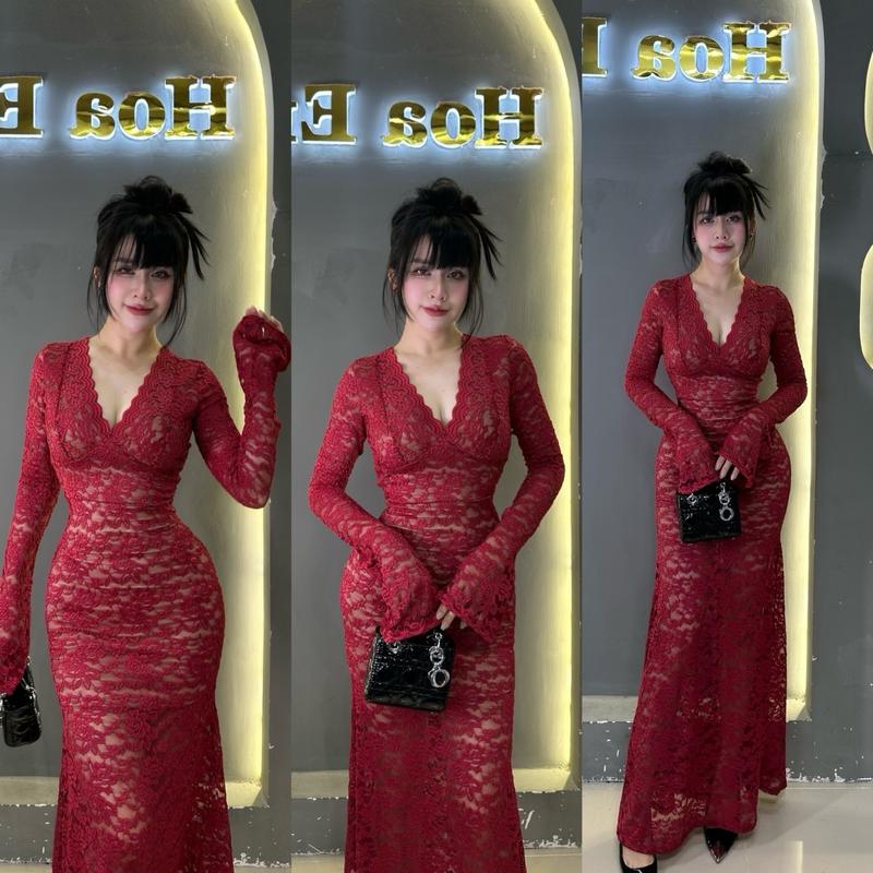 SALE Đầm ren cổ chữ v tay loe đuôi cá dài sang chảnh. Chất ren hoa nổi cao cấp co dãn lên fom ôm dáng tôn dáng siêu đẹp. Tay áo loe tiểu thư điệu đà.Bảng màu : Đỏ đô Đen Trắng kem . Số đo: Dưới 50kg s Dưới 55kg m Nữ Women Dress Nhung Lịch