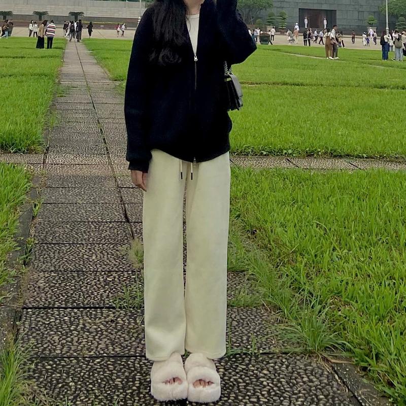 [Lót nỉ]Quần ống suông hack dáng, có lót nỉ lông TaHie Store Nữ Nhung Đen Be quần len tăm quan ong suong quần ống suông quần nỉ suông