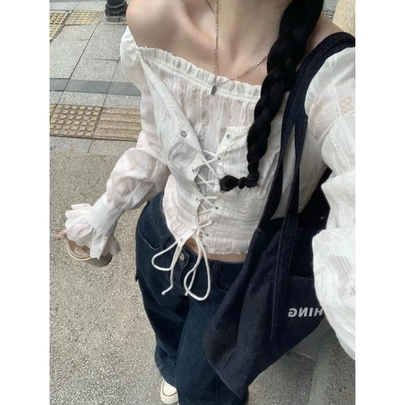 [CHANBIGSIZE 55-85kg] Áo croptop tay dài phối ren đan dây ullzzang bigsize