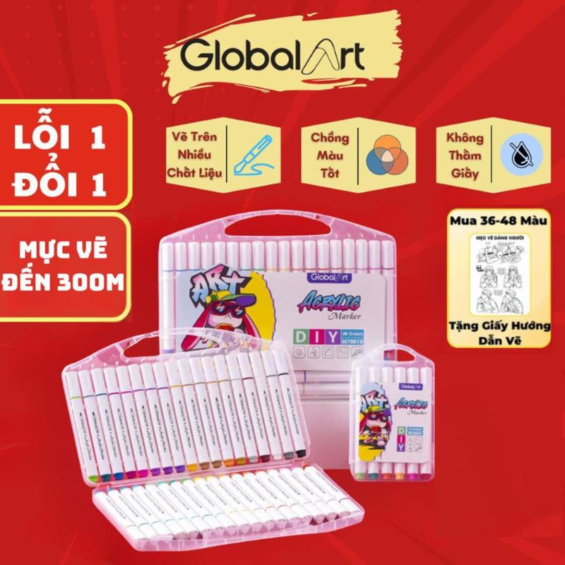 [Tặng Giấy Hướng Dẫn Vẽ] Hộp Màu Acrylic Marker Nhựa Đựng Màu Gốc Nước Global Art Highlight Đầu Mực Nhỏ,Mực Vẽ Lên Đến 300m,Chồng Được Màu, Vẽ Trên Mọi Chất Liệu, Không Thấm Ra Mặt Sau, Bút Màu Vẽ Tranh Cho Bé NO.M70007/08/09/10