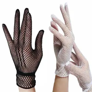 Mesh Gloves Kotak Renda - Sepasang Acesories Pengantin Hitam Putih