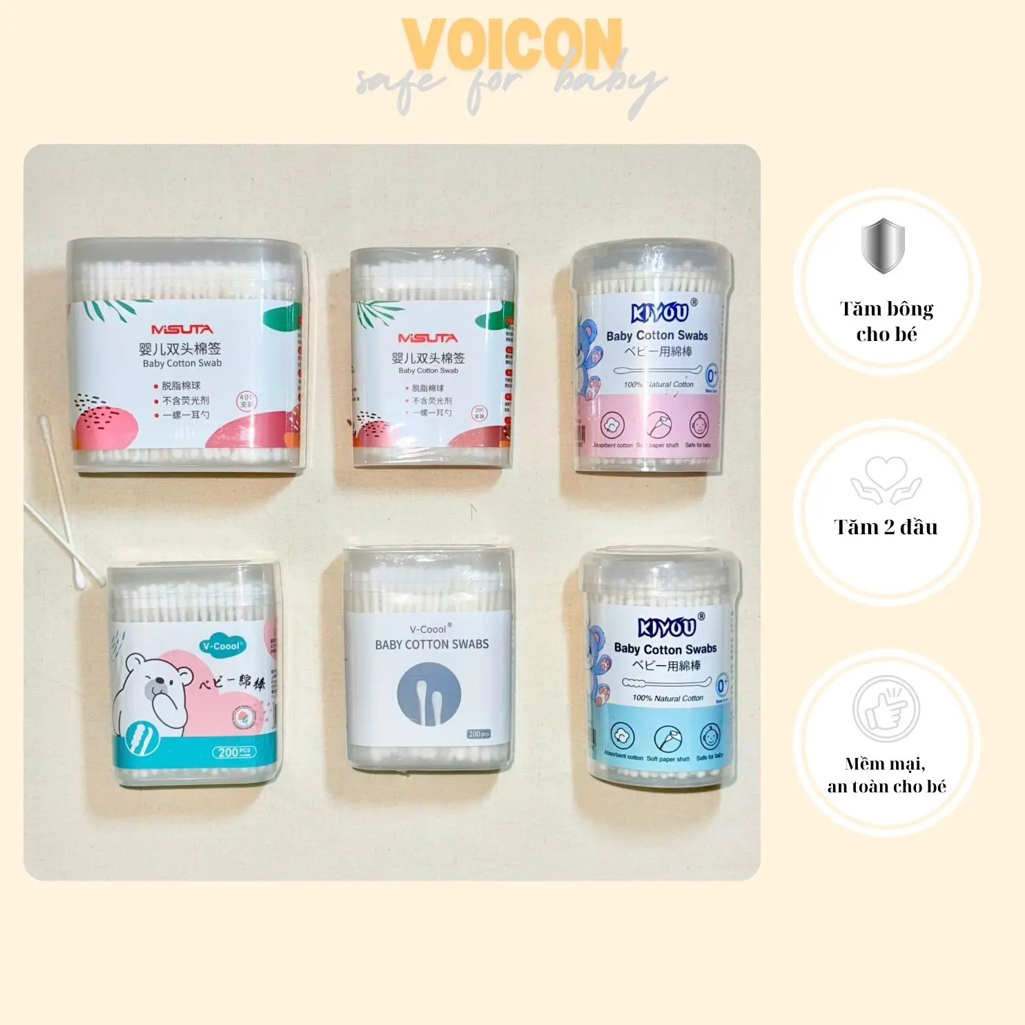 Tăm bông Vcool, Misuta cho bé sơ sinh và trẻ em hộp 200 que, 2 đầu dẹt và tròn, thân giấy mềm mại Voi