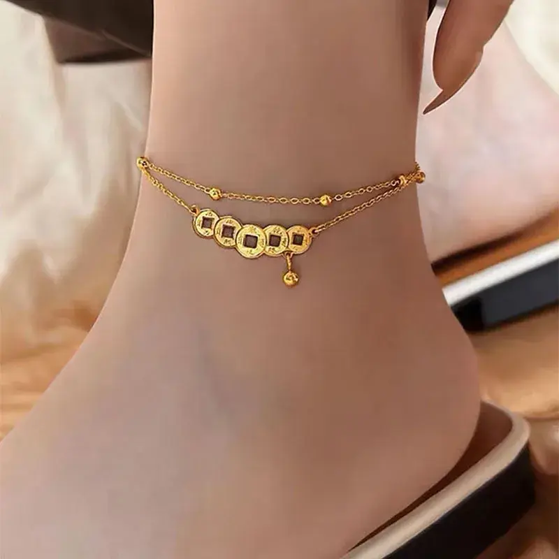 Elegant Versatile Copper Double Layer Anklet Chinese Style Niche Design Luxury Women's New Model Jewelry