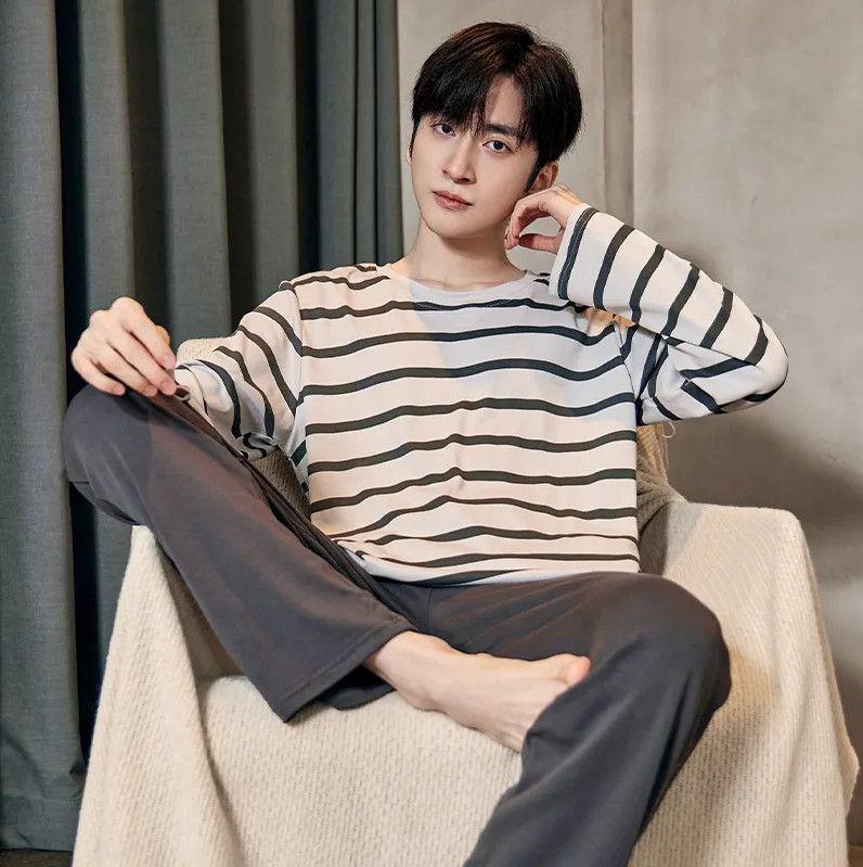 Product Introduction of Striped Men's Pajamas Men's Spring and Autumn Long Sleeve Trousers Home Wear Casual Simple Youth plus Size Two-Piece Suit 2