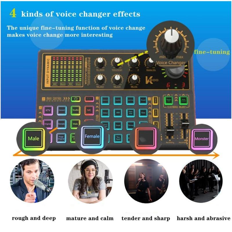 K300 Live Sound Card Audio Mixer, Multifunctional Podcast Audio Interface with DJ Mixer Effects, Voice Changer with Sound Effects for Karaoke Live Streaming Record Gaming, Streaming Accessories 5