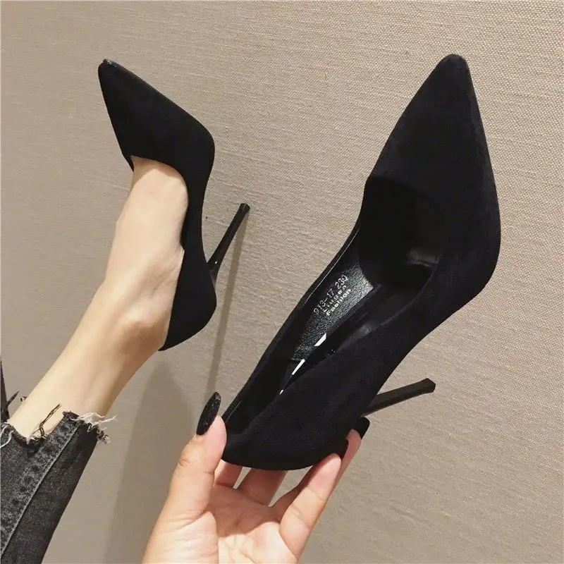 Giày Cao gót, Mũi Nhọn, Mịn, Màu Đen, Bơm Miệng Thấp, Dành Cho Nữ, Bộ Sưu Tập Mùa Lò Xo Và Mùa Hè 2024, Phong Cách Hàn Quốc, Da Lộn, Cỡ 43, Ngoại Cỡ, Hàng Mới Về Shoes 6
