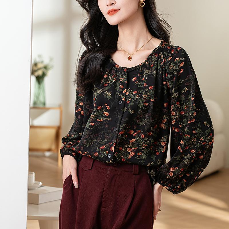 Vintage floral chiffon blouse, round neck, top, puff sleeves, loose fit, casual style, available up to 3XL