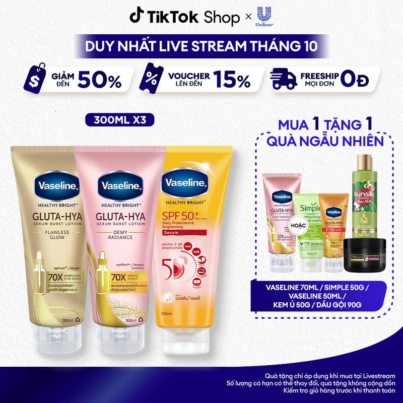 Combo 3 Sữa Dưỡng Da Body Nữ Vaseline Gluta-Hya Lotion Hỗ Trợ Dưỡng Body Ngày Đêm 330mlx2 + Serum Chống Nắng Vaseline Với SPF50+PA++++ Hỗ Trợ Bảo Vệ Da Nữ 300ml [1]