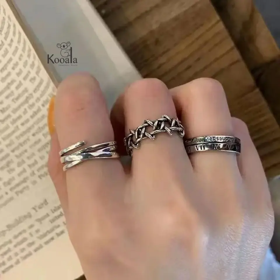 3 Pcs Cincin Angka Romawi Aesthetic Set 3 In 1 Pria Wanita Perak Silver Rings