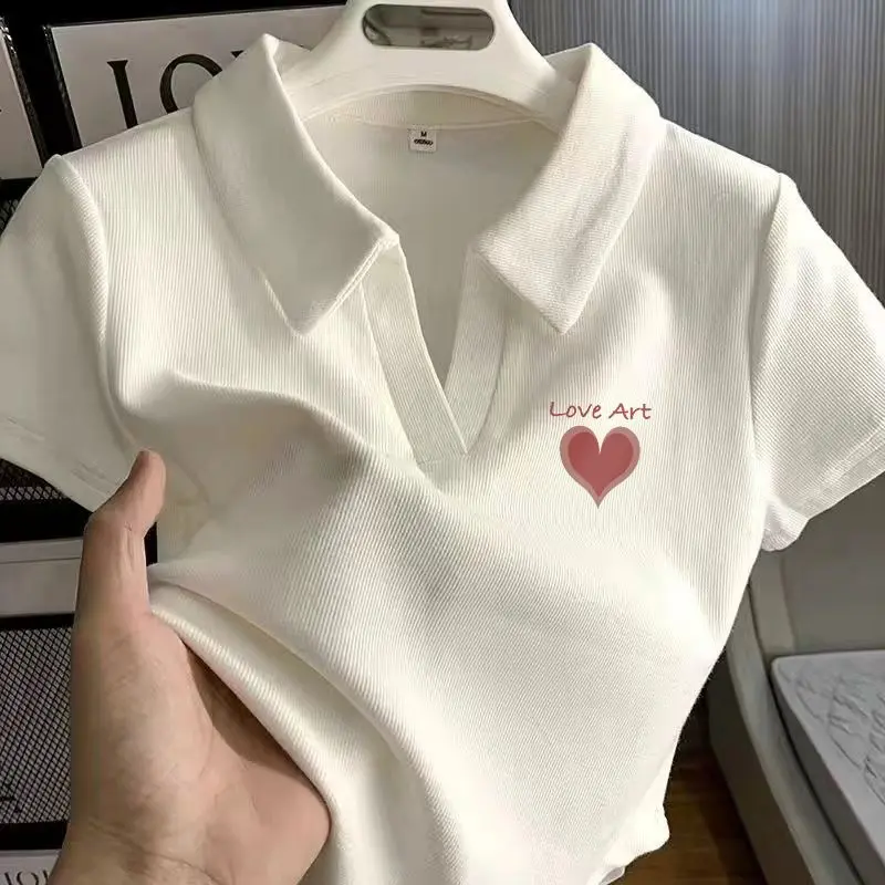 White shoulder short sleeved T-shirt for women  summer new design sense polo collar short top