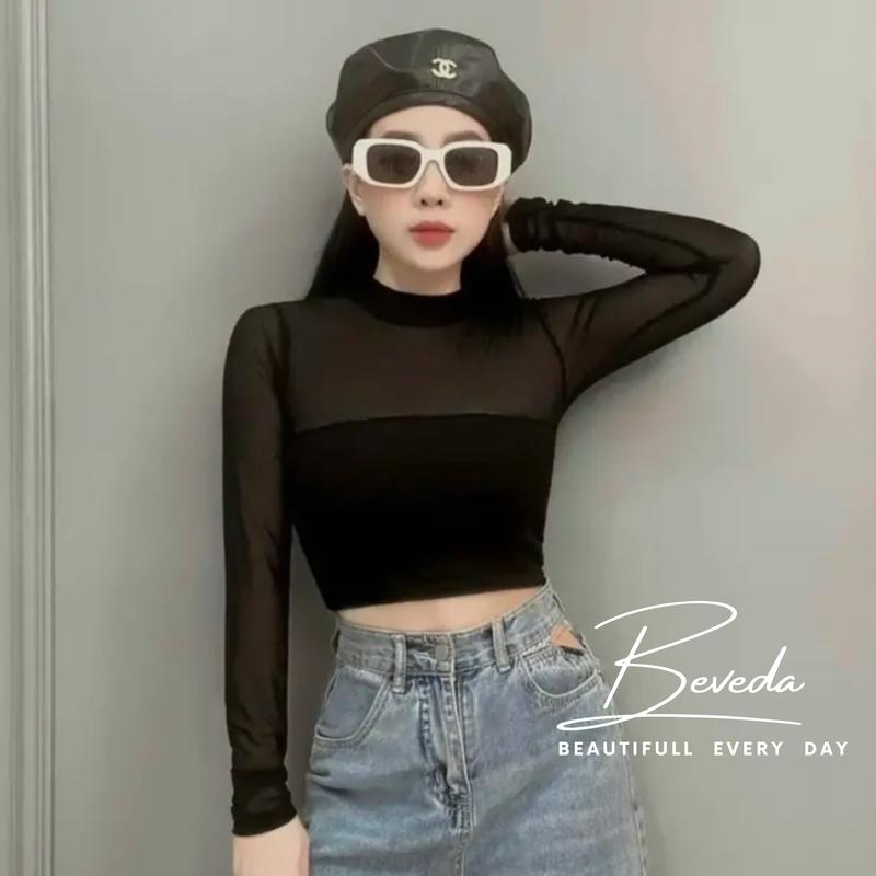  Áo Thun Kiểu Croptop Nữ  Cổ Tròn Ôm Gọn Tôn Body Tay Dài Phối Lưới Có Mút Beveda Sơ Mi Voi Women Shirt Dáng Ngắn Đen Jean Voan 