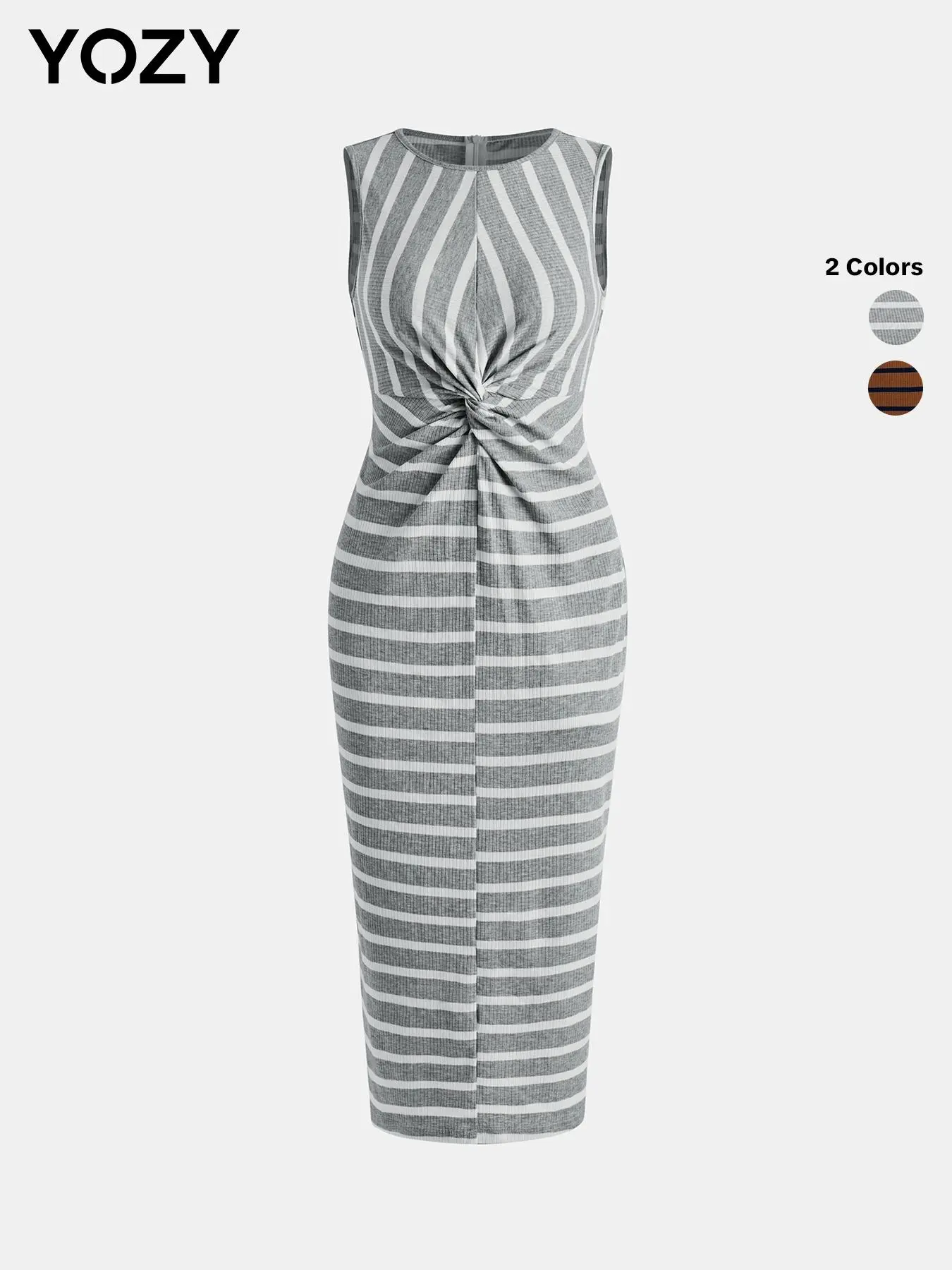 YOZY Striped Print Twist Front Tank Dress, Elegant Sleeveless Round Neck Dress, Holiday Dresses, Women's Summer Outfits for Daily Wear