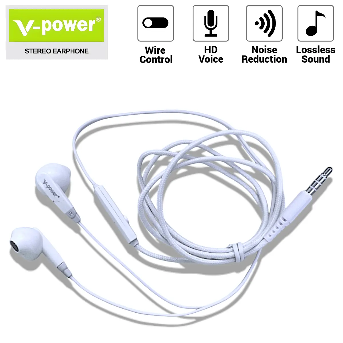 V-power VP-H058 Stereo Earphone with Built-in Mic and Noise Cancellation, 3.5mm Audio Jack for Mobile Devices - Black & White - Cable, Portable Electronic  Wired Earbud