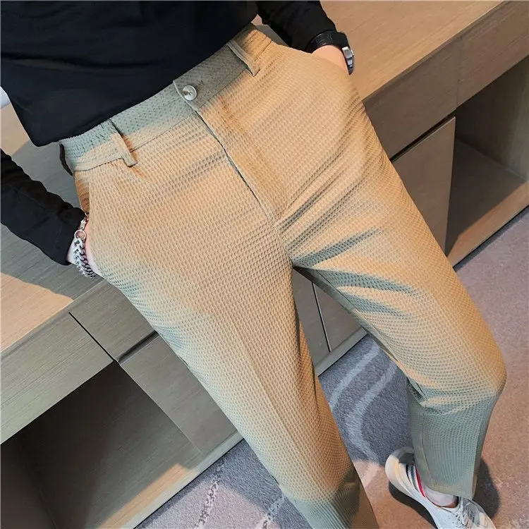 Quần Bánh Quế, Dành Cho Nam Giới, Bộ Sưu Tập Xuân / Hè Mới 2023, Không Cần Ủi, Phong Cách Thường Ngày Màu Trơn Quần Âu, bó sát Mắt Cá Chân Cao Cấp, Thích Hợp Cho Trang Phục Công Sở, Quần Nam Menswear Pants
