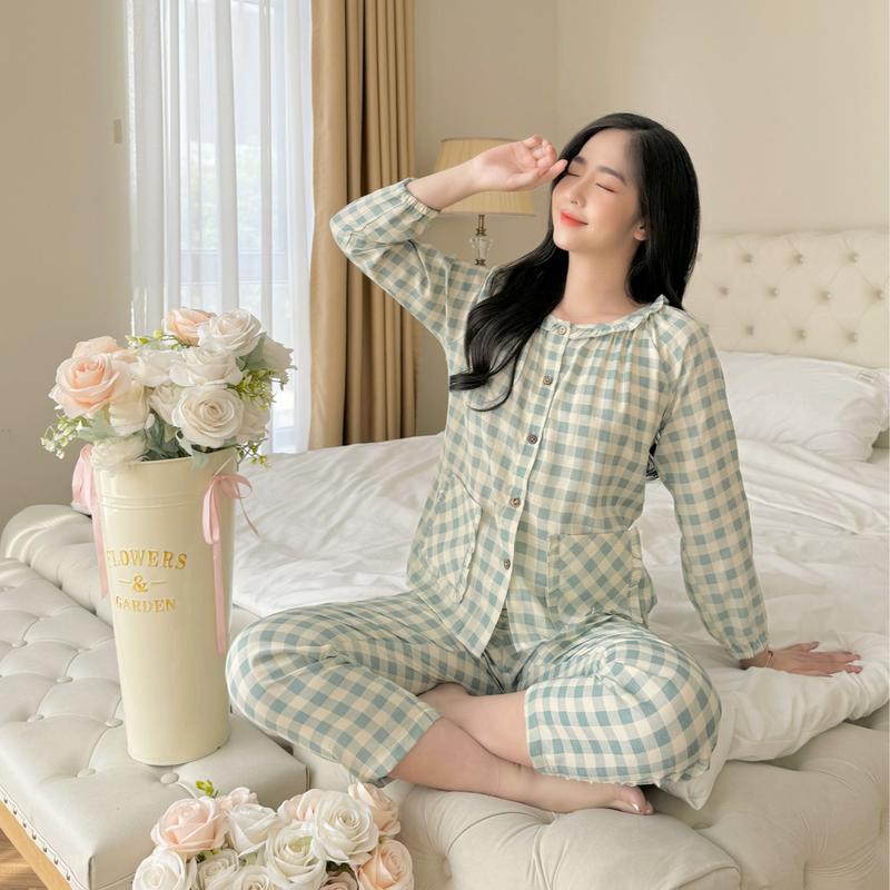   JANE STORE  Bộ Đồ Mặc Nhà Nữ Đũi Mềm KP10 - Set Đồ Kẻ Tay Dài Quần Dài Vải Mềm Mại 