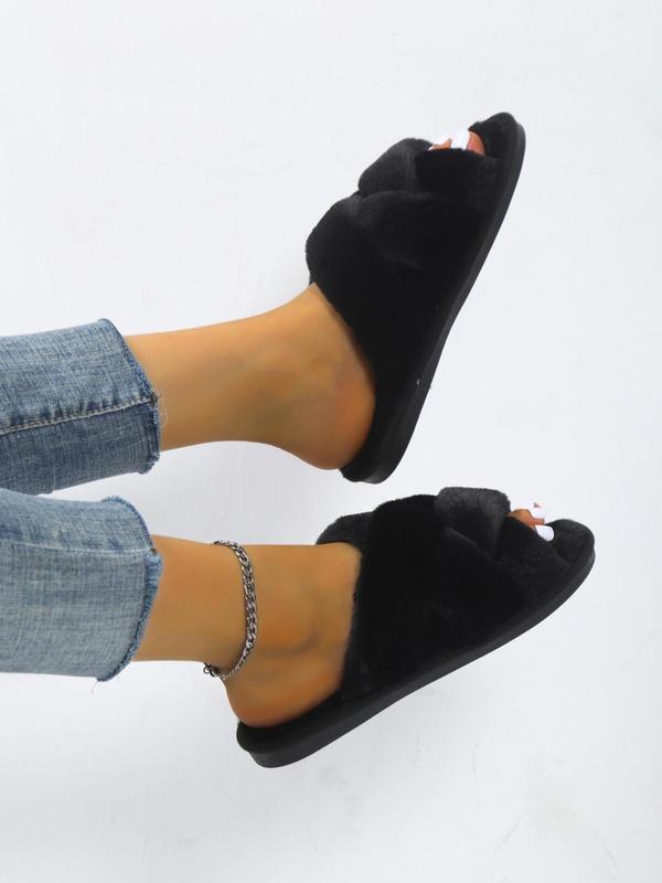 Women's Fashionable Plain Criss Cross Design Soft Slippers, Simple Design Warm Plush Slippers for Fall & Winter 5
