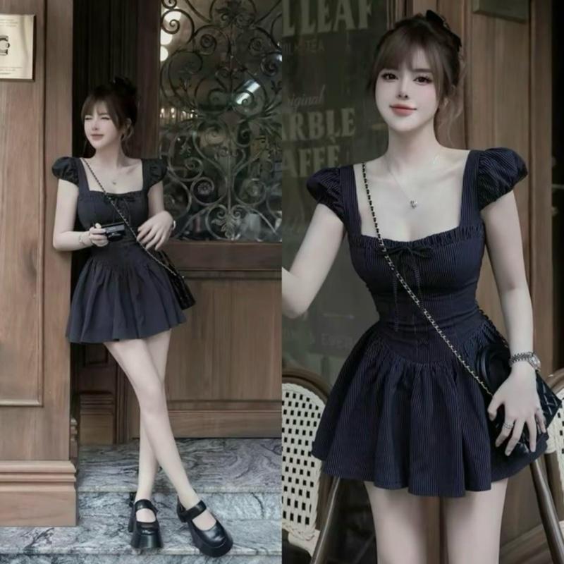 Đầm Cổ Vuông Xinh Kẻ Nơ Tay Bồng Váy Xếp Li Nữ 3