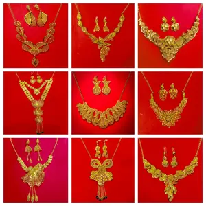 Kalung Emas Motif Bordir Kalung Chocker Dubai India Set Anting simpel dan Mewah Berlapis Emas 24K Gold Anti Karat Tidak Mudah Luntur Perhiasan Aksesoris