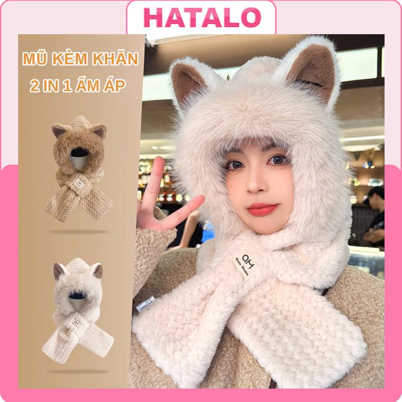 Mũ len nữ lông thỏ tai gấu mèo mùa đông trùm đầu kèm khăn ấm áp, Nón len cute thời trang dễ thương sang chảnh mũ  con