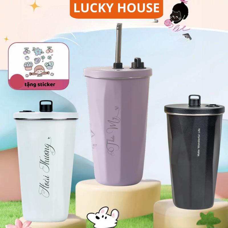 [KHẮC TÊN+STIKCER+TÚI ĐỰNG] Ly giữ nhiệt vân KIM CƯƠNG cao cấp LUCKY HOUSE 600ml cốc nước giữ nhiệt ly có ống hút silicon, khắc tên - SP000671