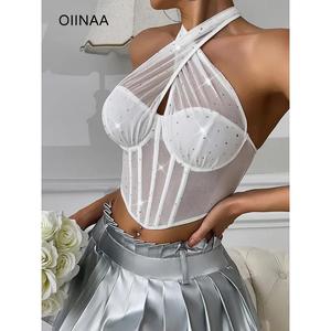 Áo Ba Lỗ Xuyên Thấu, OIINAA, Dành Cho Nữ, Kiểu Cổ Yếm, Lưới, Gợi Cảm Và Mỏng, Dây Đeo, Kim Sa, Sang Trọng Và Sáng Bóng, Áo Yếm Hở Lưng, Áo Thời Trang Mùa Hè