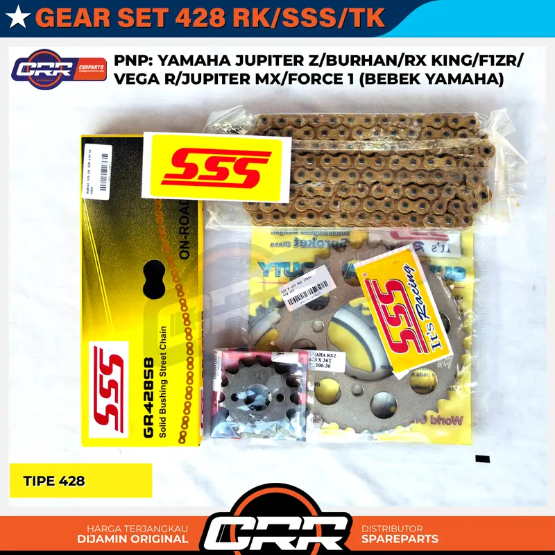 Gear Set SSS Girset 428 Yamaha RX King F1ZR Jupiter Z Vega R Jupiter MX New Force 1 Alfa V88 Ukuran Depan 13T/14T/15T Belakang 33T/34T/35T/36T/37T/38T/39T/40T/43T Rantai Gold 428-110L / 130L GR428SB SSS Racing motorcycle Gear Set RX 428 SSS Kendaraan 0