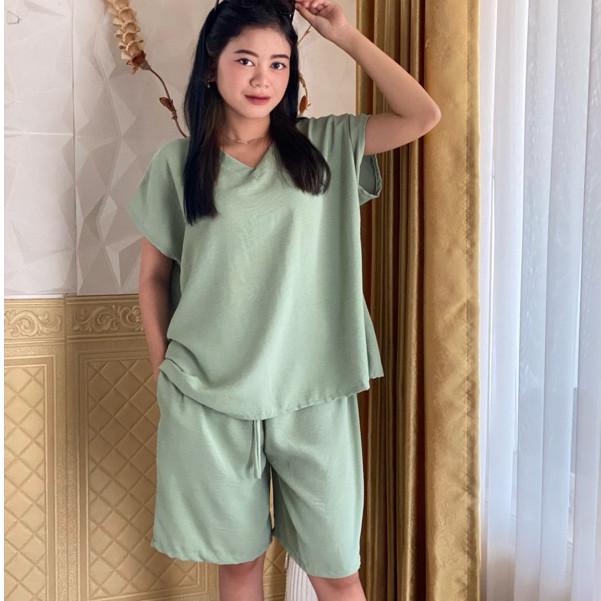 HARGA SPECIAL 3PCS ONE SET SETELAN BAJU WANITA / HOTPANS BAHAN CRINKLE AIRFLOW / CELANA PENDEK WANITA / BAJU TIDUR LENGAN PENDEK LD 120 4