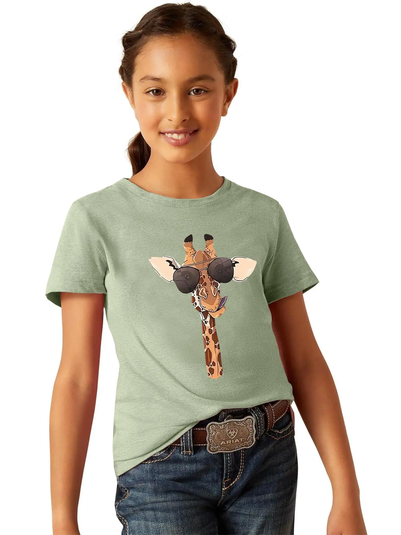 Girl's Giraffe Print Round Neck Tee, Cute Casual Drop Shoulder Short Sleeve T-Shirt for Summer, Kids Clothes for Daily Wear