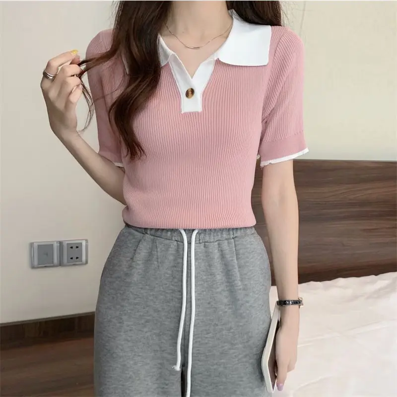COD- Baju Rajut  Kerah Polo Lengan Pendek | Atasan Berkerah Lengan Pendek Wanita | Korean Style | Rajut Kancing Aktif