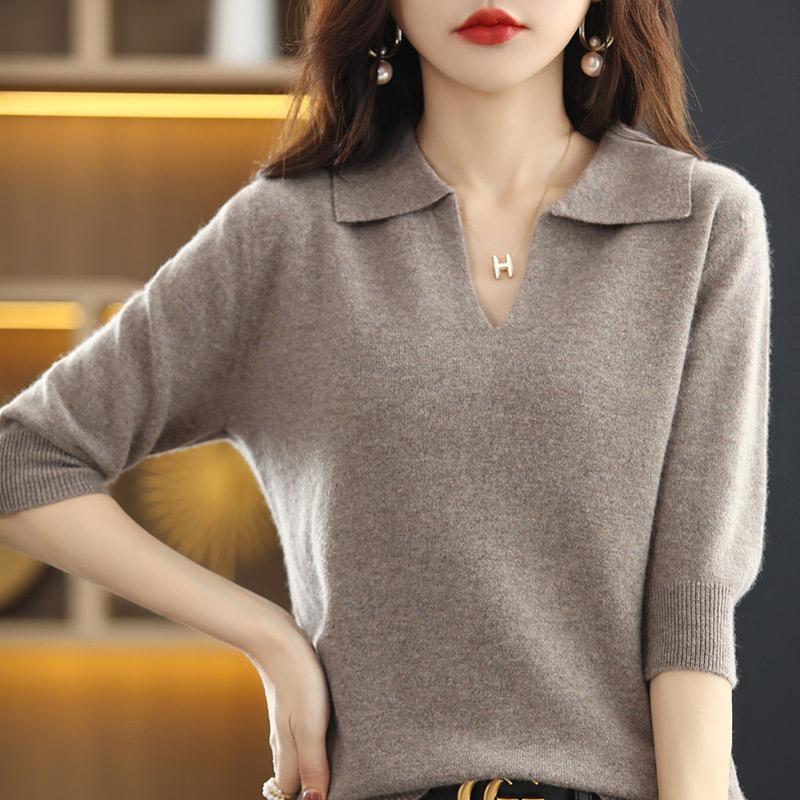 Áo Phông Nửa Tay Áo, Cổ Polo, Đồ Len, Dành Cho Phụ Nữ, Hàng Mới Về Mùa Xuân, Mũ Trùm Đầu Dáng Rộng Rãi, Áo Len Dễ Phối Đồ Ngắn, Áo Sơ Mi Lớp Cơ Sở, Áo Nữ 0