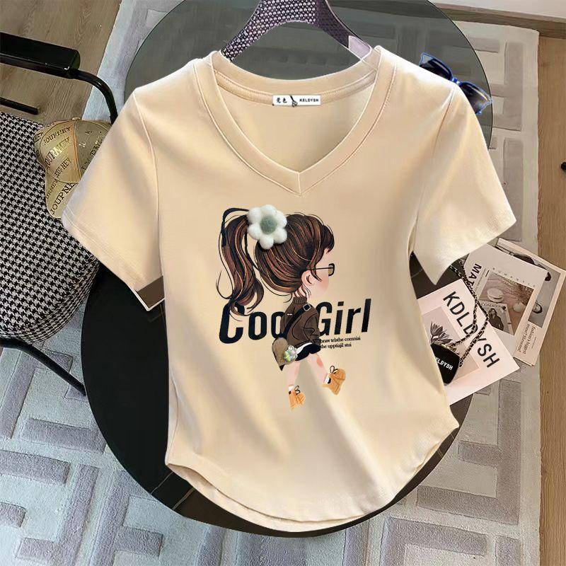 Áo Thun ngắn Tay Phong Cách Phương Tây Cổ Chữ V, Chất Liệu Cotton Nguyên Chất, Thích Hợp Cho Mùa Hè, Ngoại Cỡ Cho Bé Gái Đầy Đặn, Tay Lửng Áo Che Bụng Cong, Dành Cho Nữ, Giá Cả Phải Chăng: 100,00kg, Năm 2024 0