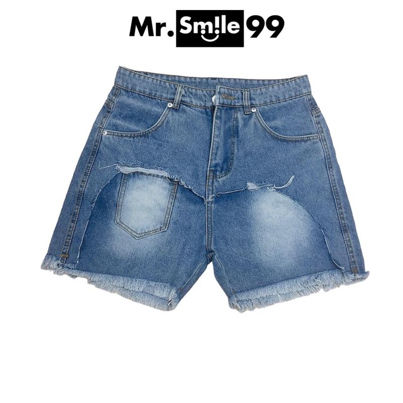Quần Short Jean Unisex Khoét Vải Rách Phối Túi  Form Trên Gối Mr.Smile 99 Shop QN041 Nam Menswear