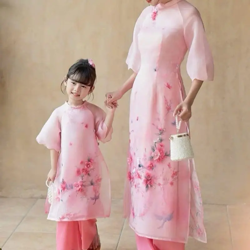 Áo dài nữ cách tân Cẩm Tú mẹ và bé cổ cách điệu, đính kết hoa nổi đẹp mắt - Áo dài Diệp Anh